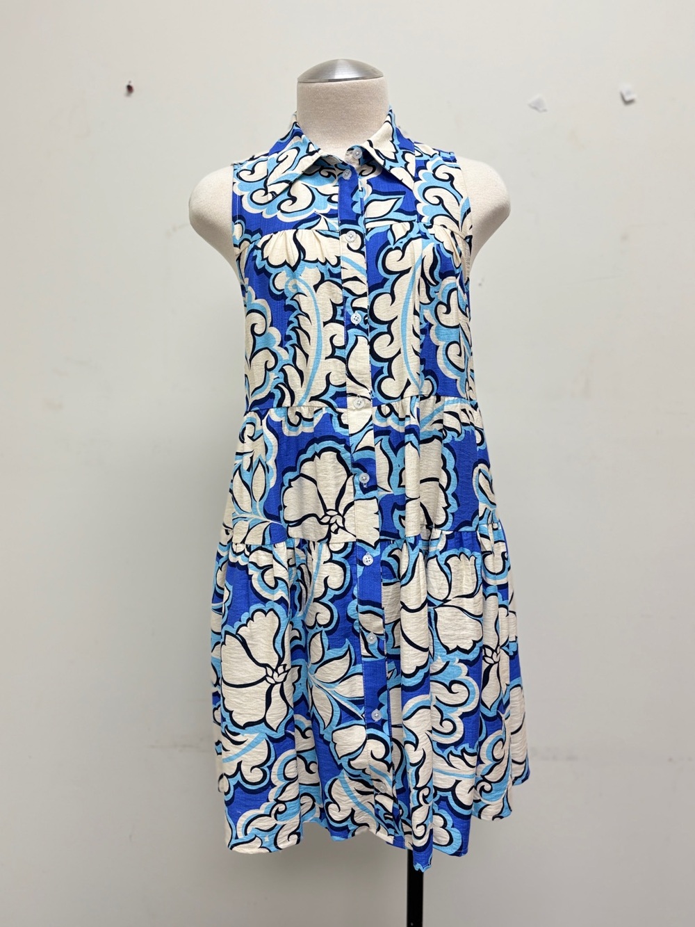 Blue Tropical Button Front Mini Dress